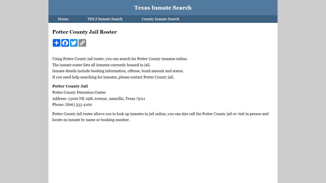 Potter County Jail Roster - Texas Inmate Search